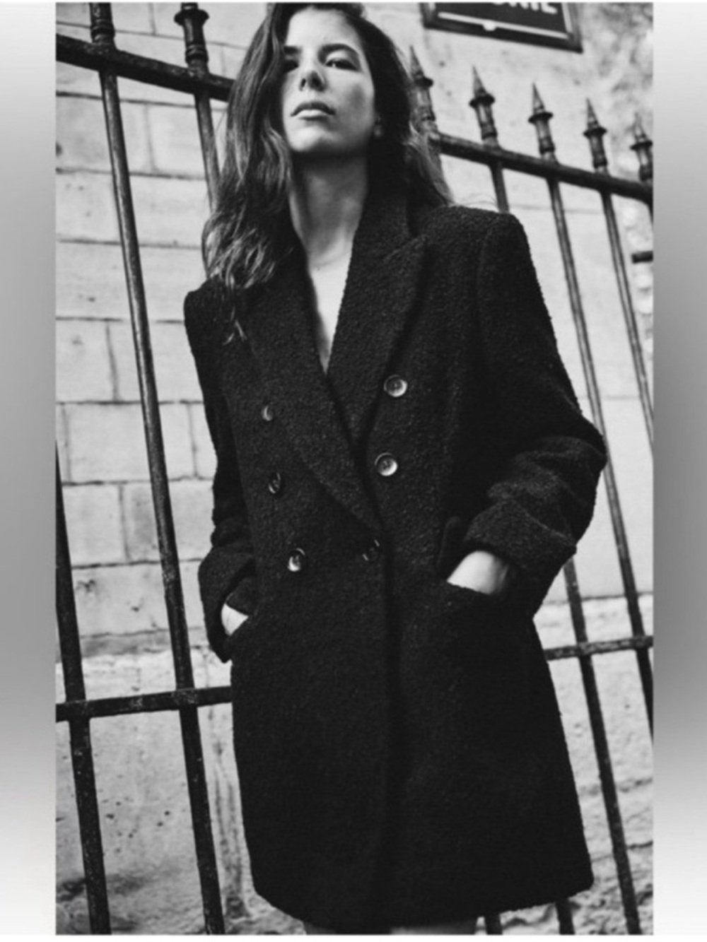 Zara Long Boucle Double Breasted Coat Blazer Jacket Black